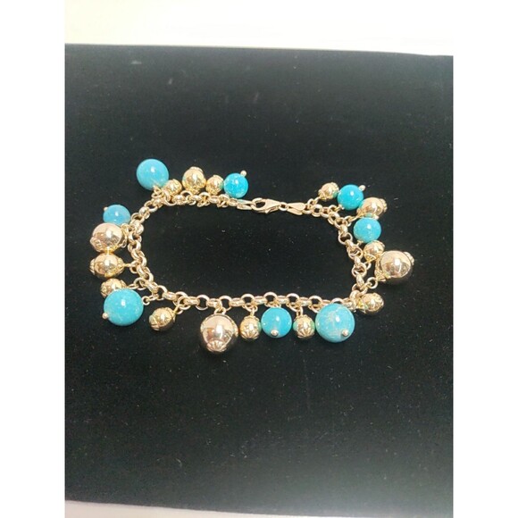14 K Milor Italy Gold & Turquoise Bracelet Size 7 Vintage Estate - Picture 2 of 5